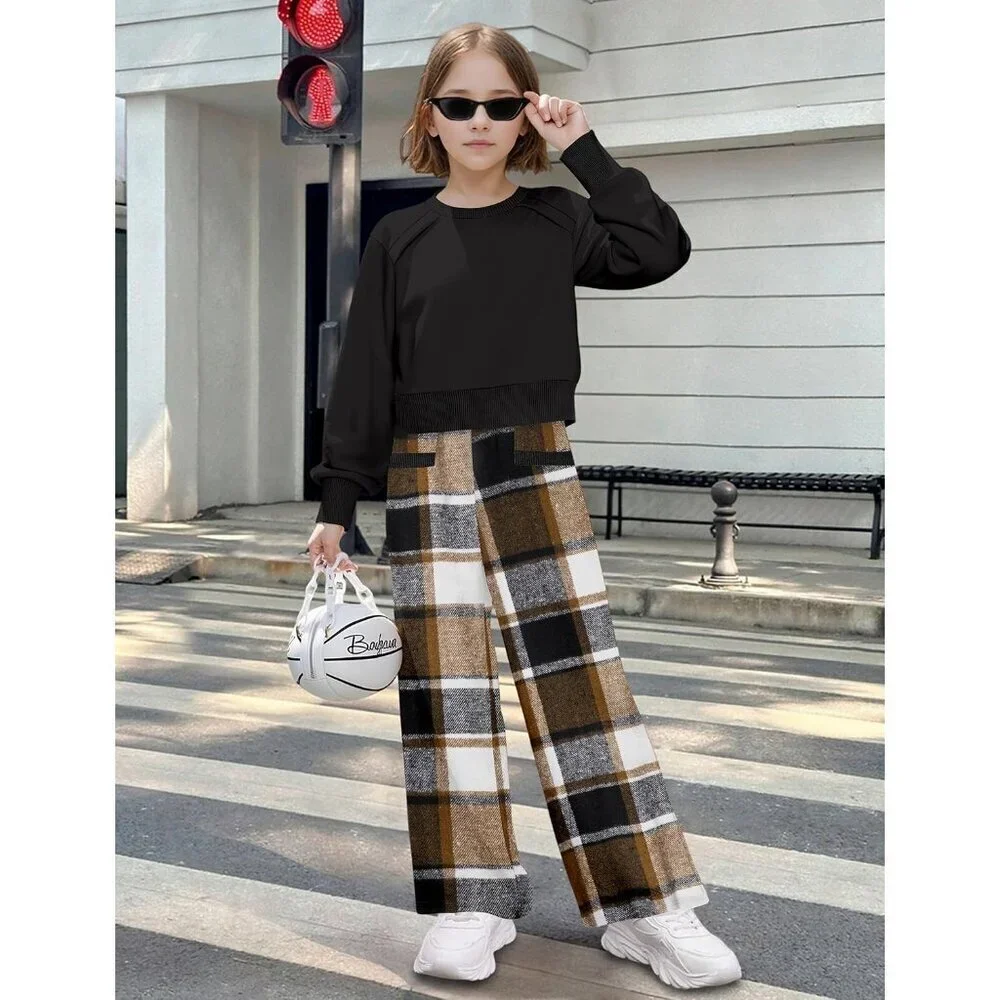 Girl Clothes, 2 Piece Girls Outfits Solid Crop Tops Plaid Wide Leg Pants with Po